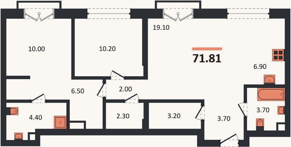 Планировка: 2-к, 71,8 м²