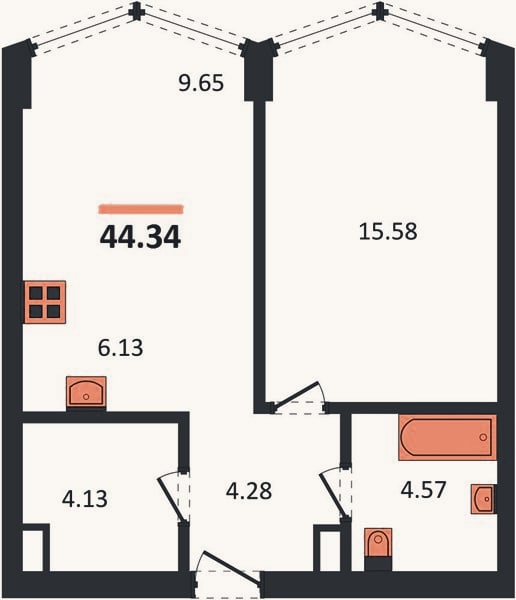 Планировка: 1-к, 44,3 м²