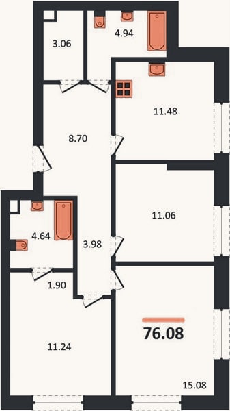 Планировка: 3-к, 76,1 м²