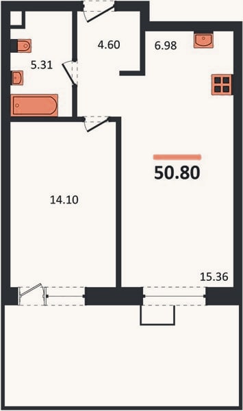 Планировка: 1-к, 50,8 м²