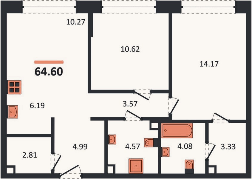 Планировка: 2-к, 64,6 м²