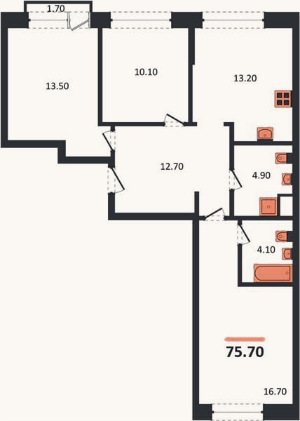 Планировка: 3-к, 75,7 м²