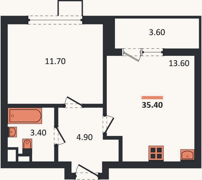Планировка: 1-к, 35,8 м²