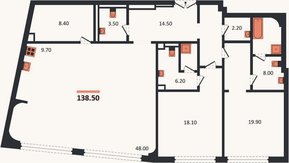 Планировка: 2-к, 138,5 м²