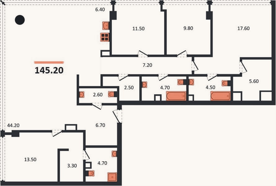 Планировка: 4+ к, 145,2 м²