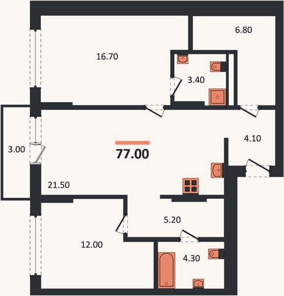Планировка: 2-к, 77 м²