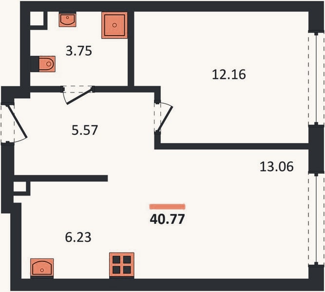 Планировка: 1-к, 40,8 м²