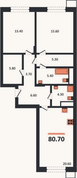 Планировка: 2-к, 80,7 м²