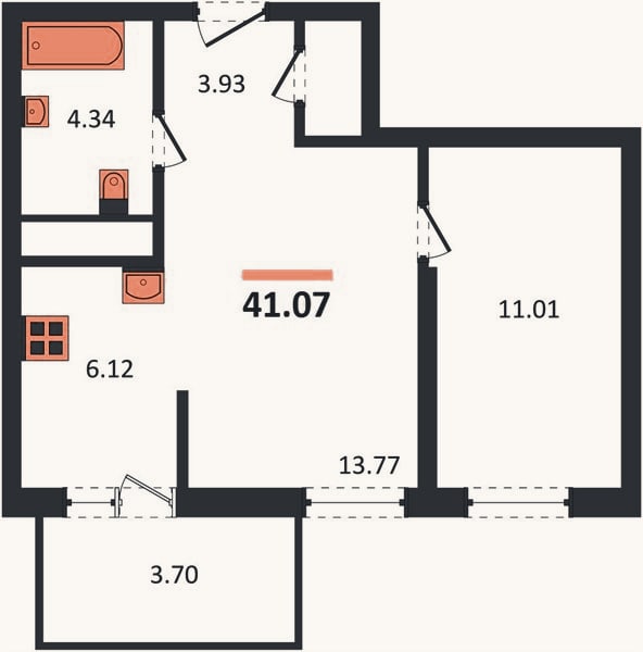 Планировка: 1-к, 41,1 м²