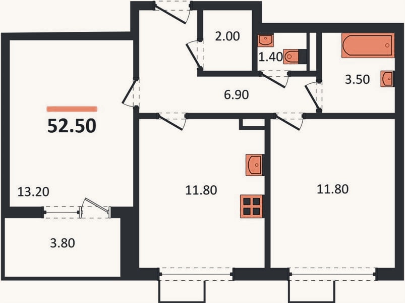 Планировка: 2-к, 52,5 м²