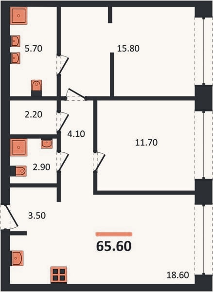 Планировка: 2-к, 65,6 м²