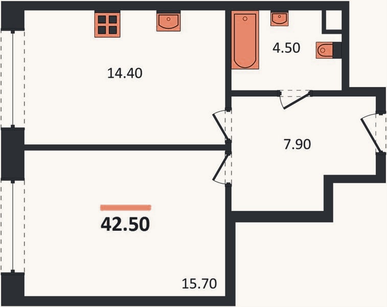 Планировка: 1-к, 42,5 м²