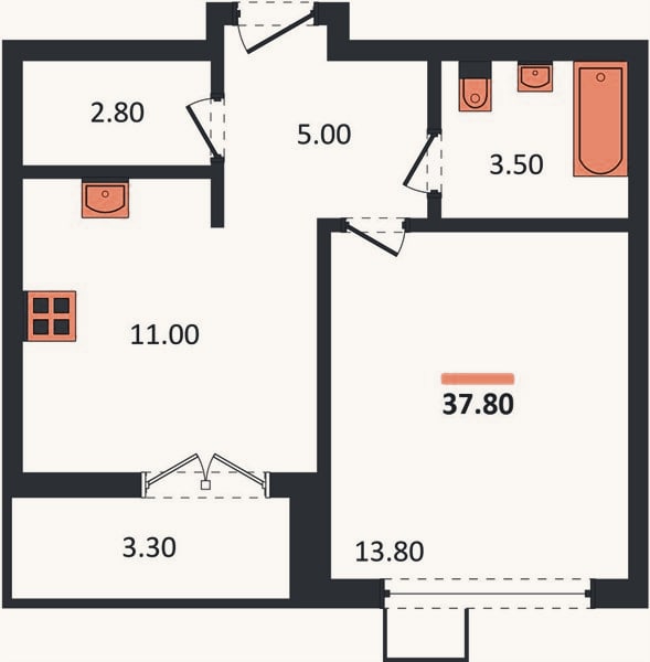 Планировка: 1-к, 37,8 м²