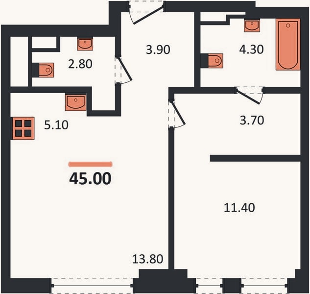 Планировка: 1-к, 45 м²