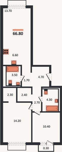Планировка: 2-к, 66,8 м²