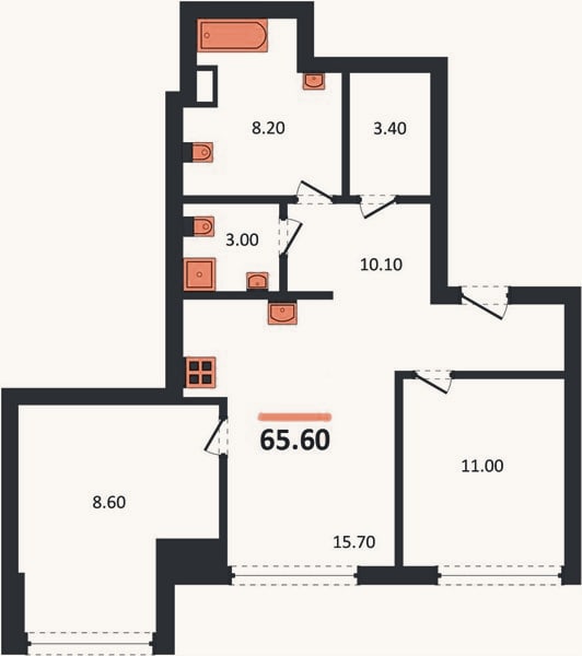 Планировка: 2-к, 65,6 м²