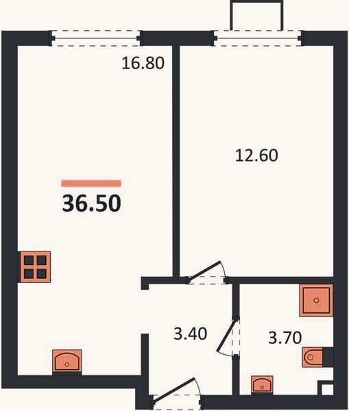 Планировка: 1-к, 36,5 м²