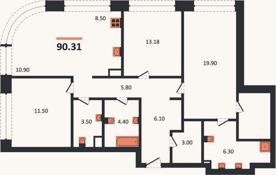 Планировка: 3-к, 90,3 м²