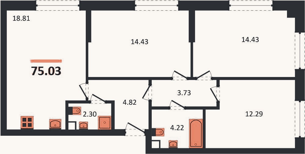 Планировка: 3-к, 75,2 м²