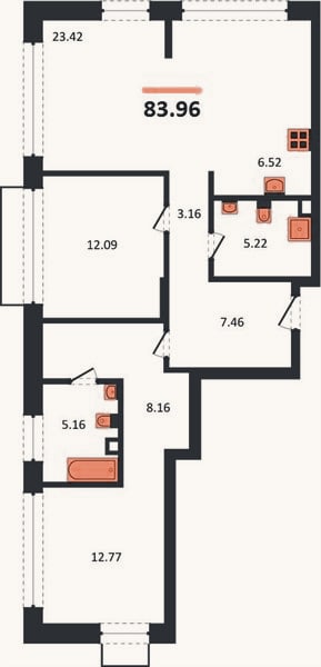Планировка: 2-к, 84 м²