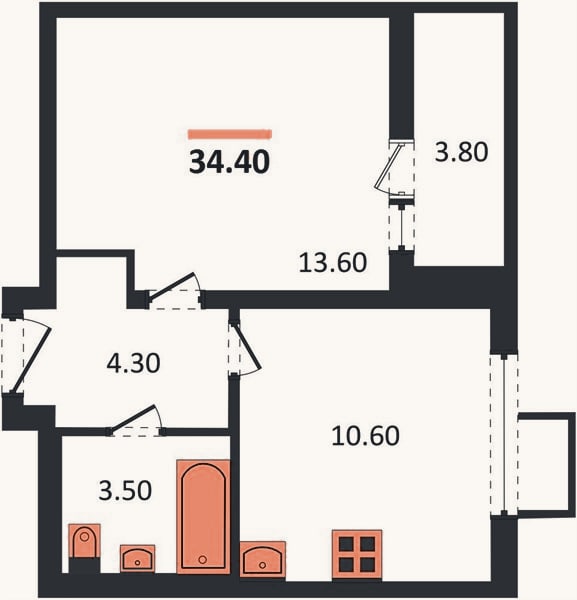 Планировка: 1-к, 34,4 м²