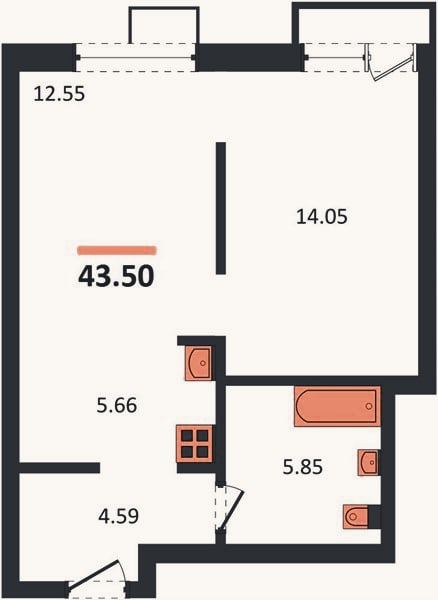 Планировка: 1-к, 43,5 м²