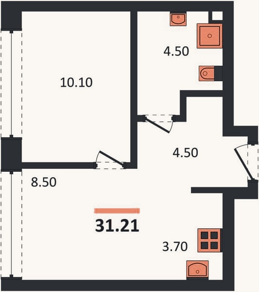 Планировка: 1-к, 31,2 м²