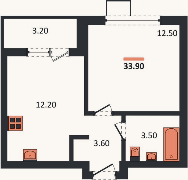Планировка: 1-к, 33,9 м²
