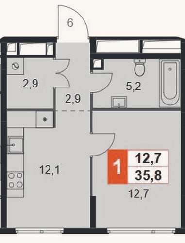 Планировка: 1-к, 35,8 м²