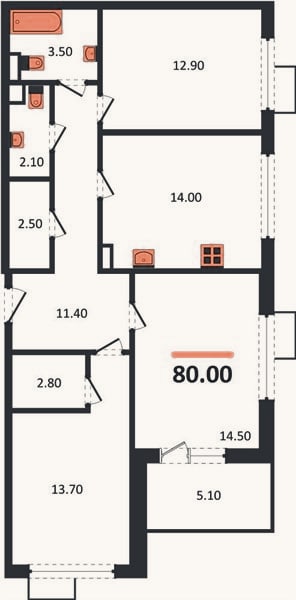 Планировка: 3-к, 80 м²