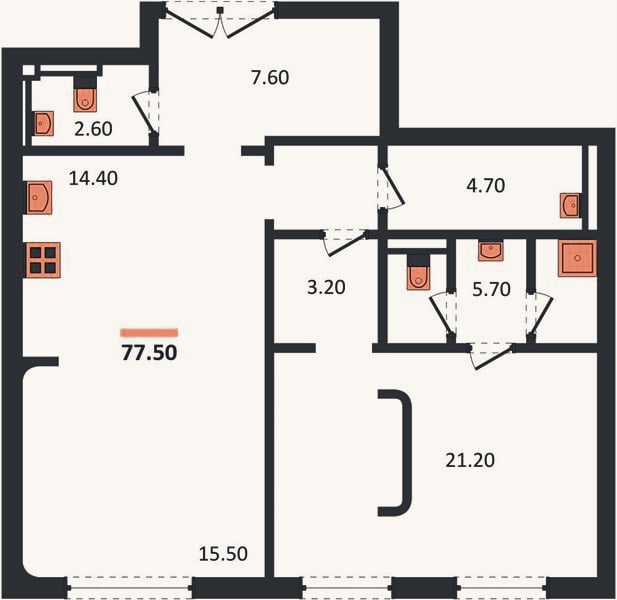 Планировка: 1-к, 77,5 м²