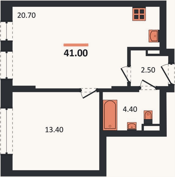 Планировка: 1-к, 41 м²