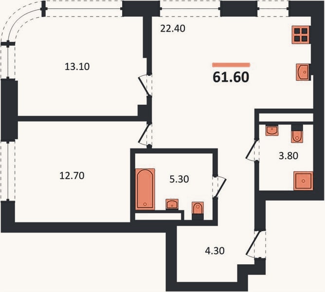 Планировка: 2-к, 61,6 м²