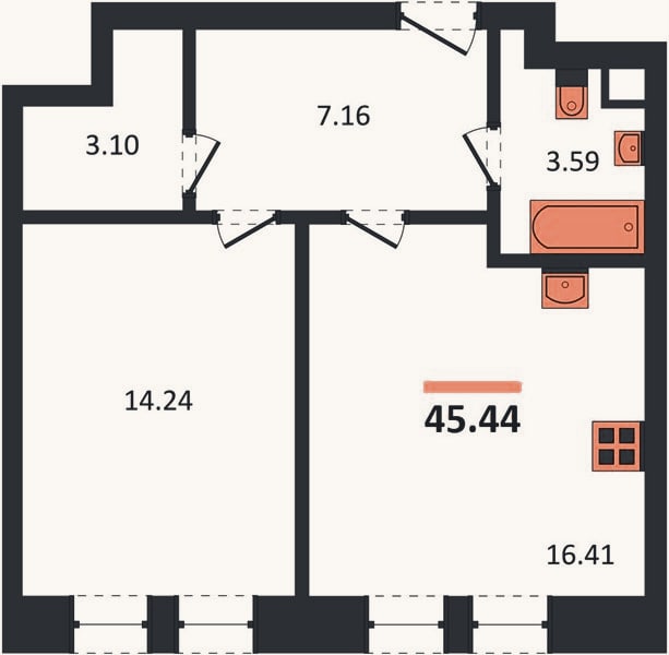 Планировка: 1-к, 45,4 м²