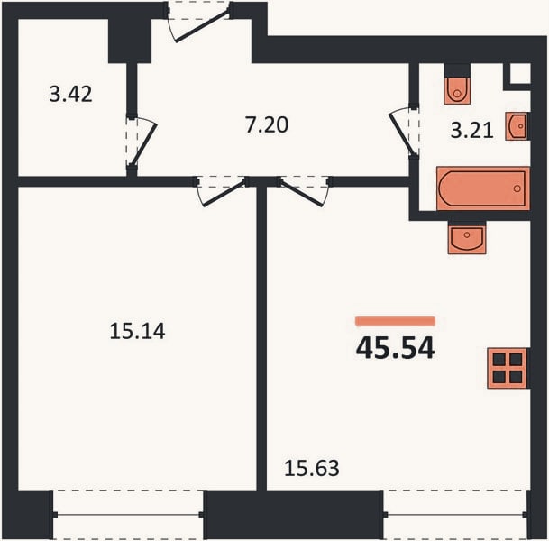 Планировка: 1-к, 45,5 м²