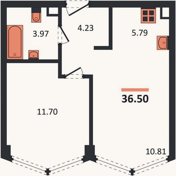 Планировка: 1-к, 36,5 м²