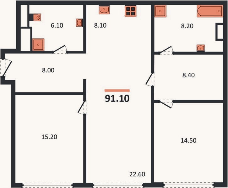 Планировка: 2-к, 91,1 м²