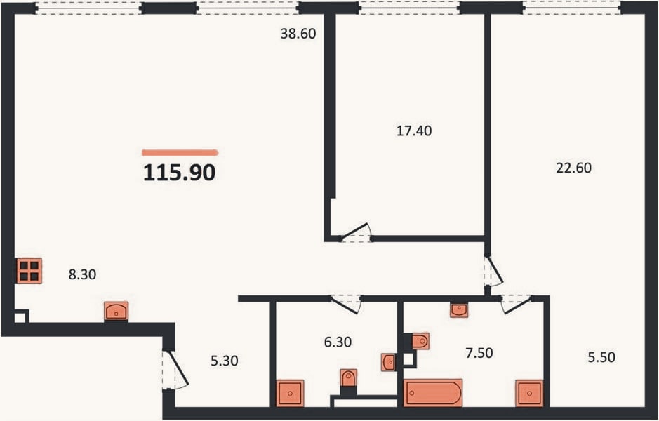 Планировка: 2-к, 115,9 м²