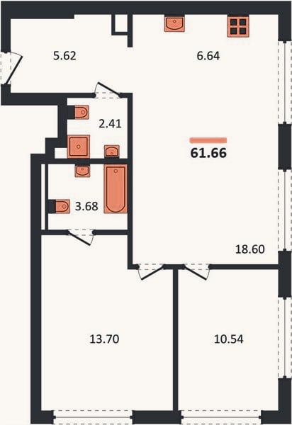 Планировка: 2-к, 61,2 м²