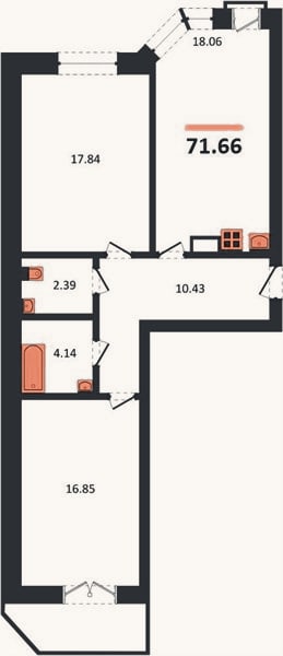 Планировка: 2-к, 71,7 м²