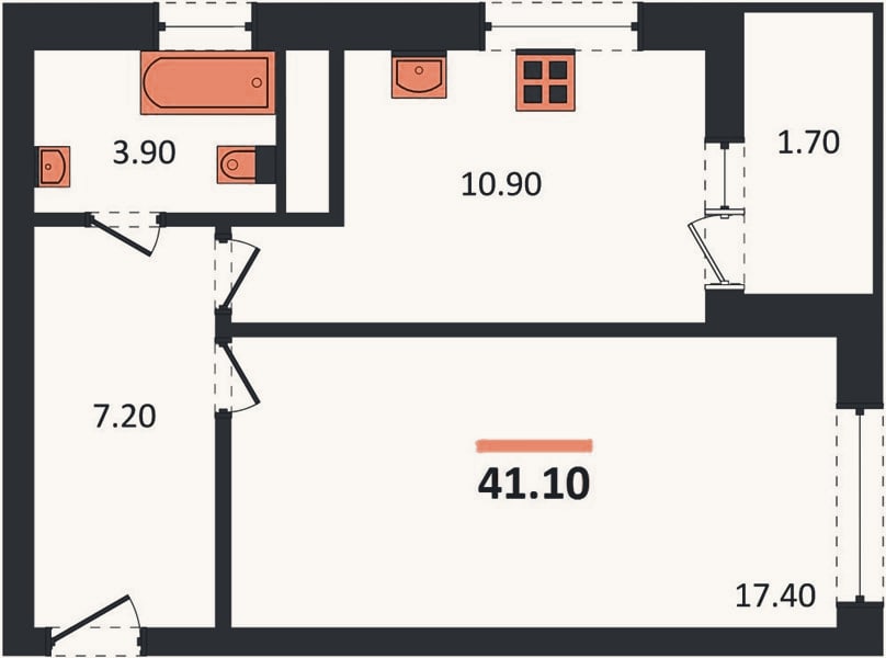 Планировка: 1-к, 41,1 м²