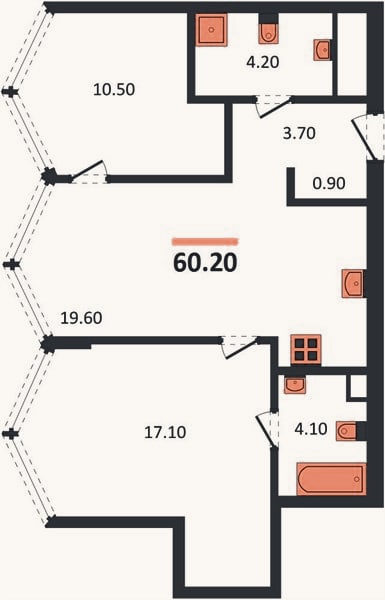 Планировка: 2-к, 60,2 м²