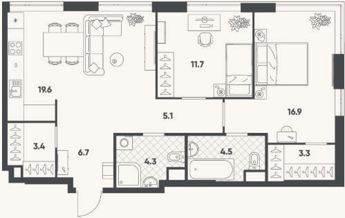Планировка: 2-к, 75,4 м²