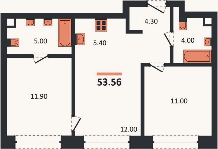 Планировка: 2-к, 53,6 м²