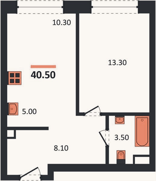Планировка: 1-к, 40,5 м²