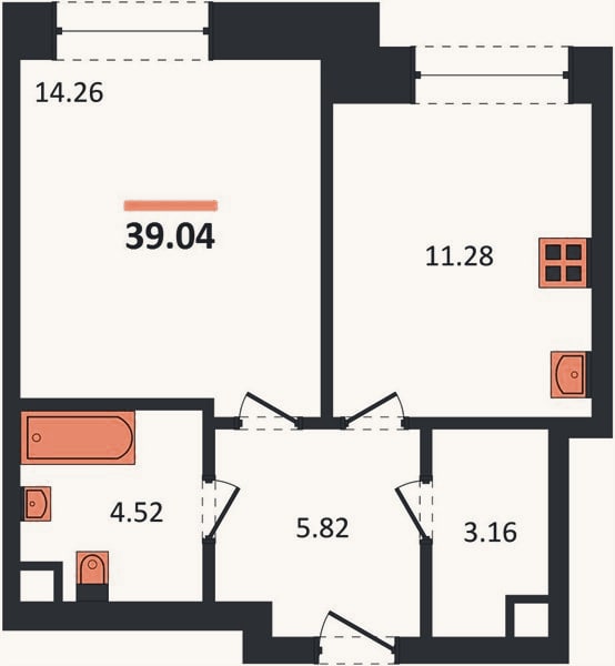 Планировка: 1-к, 39 м²