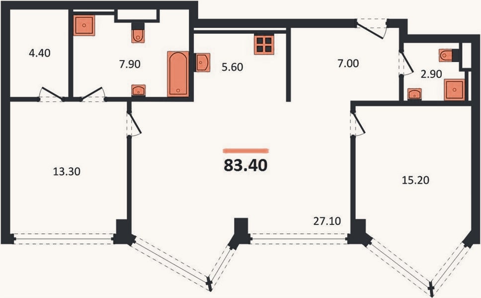 Планировка: 2-к, 83,4 м²