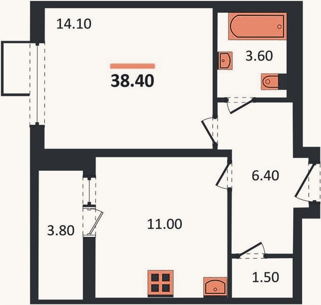 Планировка: 1-к, 38,4 м²
