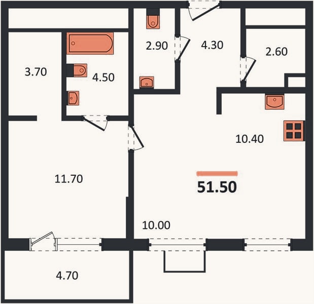 Планировка: 1-к, 51,5 м²