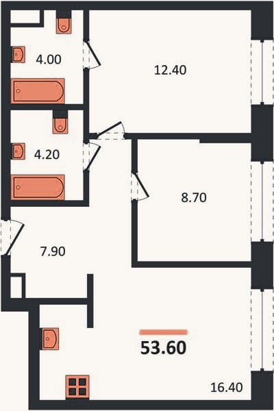 Планировка: 2-к, 53,6 м²